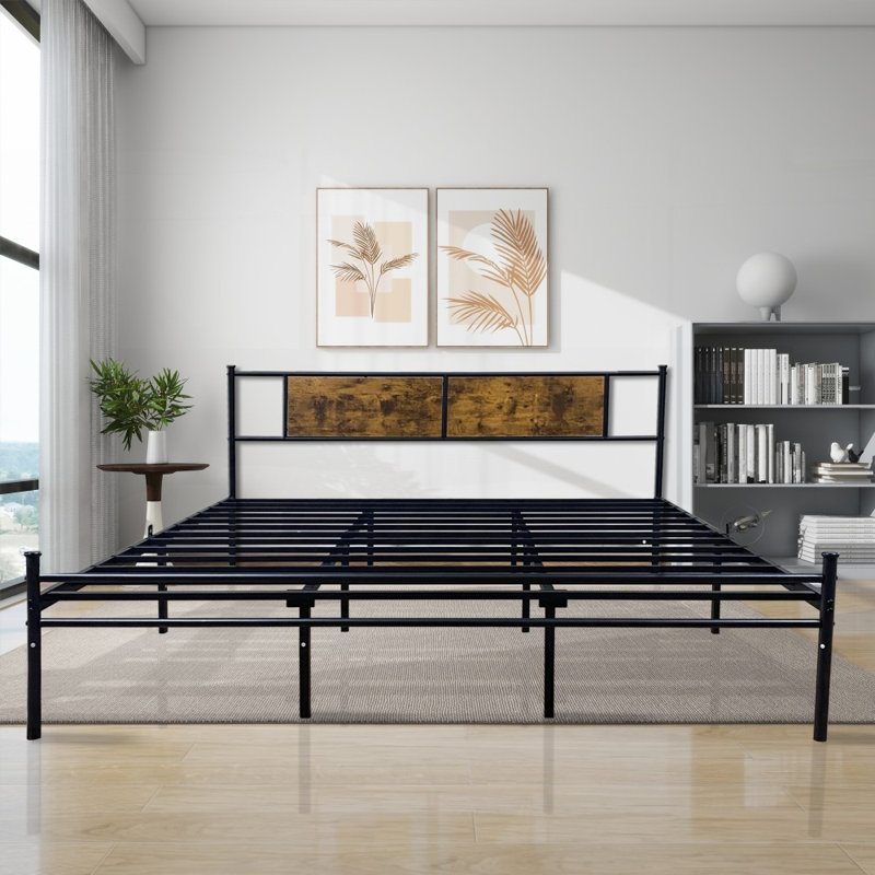 Structure de lit avec tête et pied de lit en bois, plateforme en métal pour le soutien du matelas, aucun sommier requis, assemblage facile