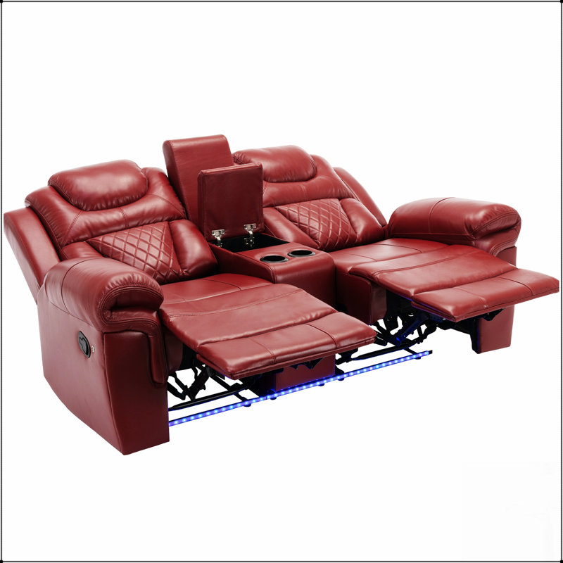 Causeuse de cinéma maison inclinable manuelle avec rangement escamotable, porte-gobelets et bande lumineuse à DEL pour le salon