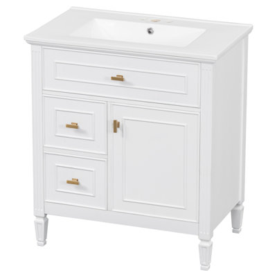 Meuble-lavabo de 30 po avec lavabo, meuble-lavabo avec un tiroir rabattable et deux tiroirs, tablette réglable, bois massif et panneau de fibres à densité moyenne, blanc