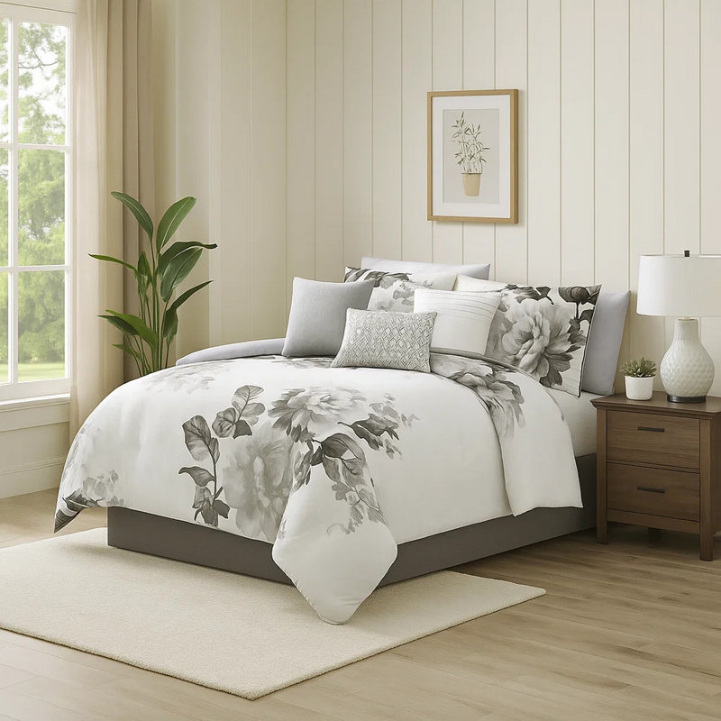Ensemble d'édredon en mélange de coton 7 pièces , Gris / Blanc, Grand édredon et 6 pièces supplémentaires
