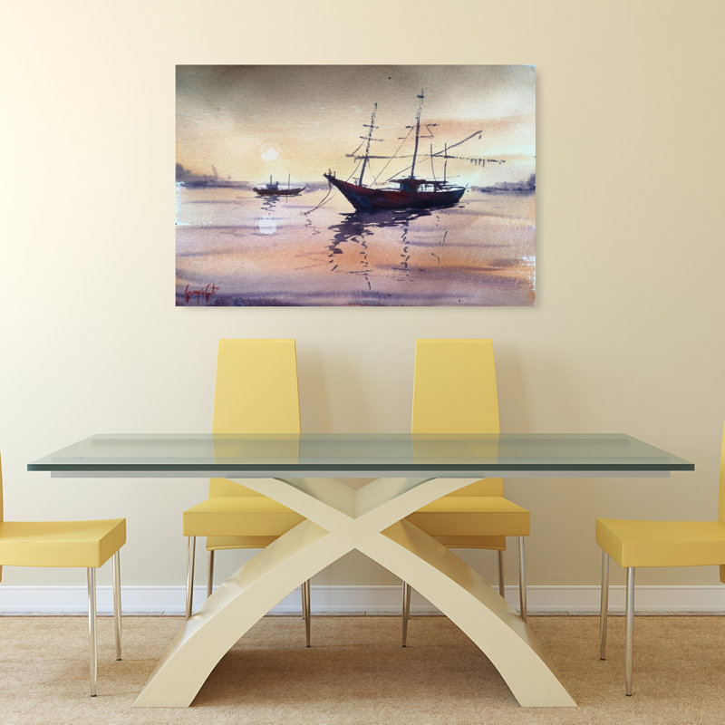 Coucher de soleil, bateaux, réflexion, paisible, serein, tranquille, coucher de soleil, reproduction d'art sur la plage