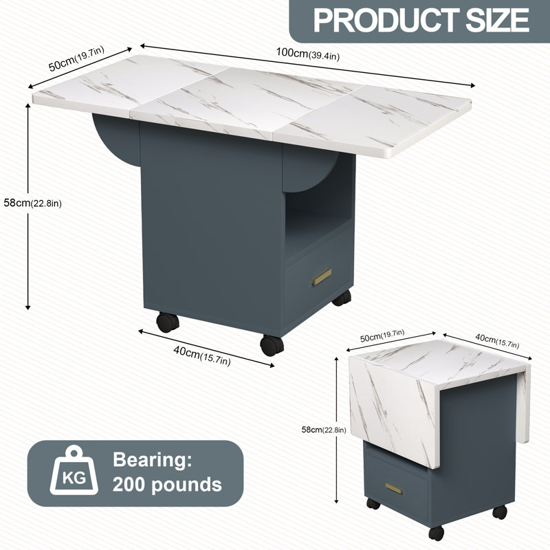 Movable Foldable Table With Storage Space - 39.4" Wood Folding Kitchen Table For Small Space