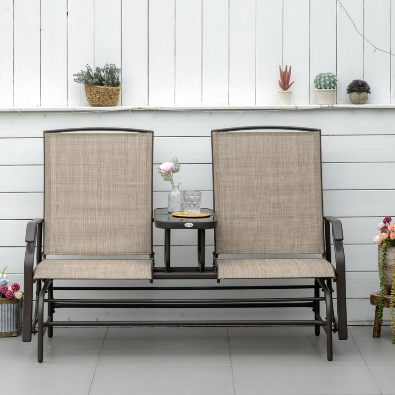 Siège coulissant pour patio avec table centrale - structure en métal en double coulissement brun relax, filet respirant, acier robuste pour la cour et le jardin