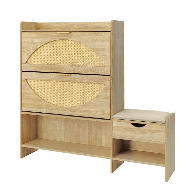 Armoire de rangement pour chaussures en rotin de 47,2 po avec 2 tiroirs rabattables, un tiroir de rangement et un banc pour l'entrée et le couloir