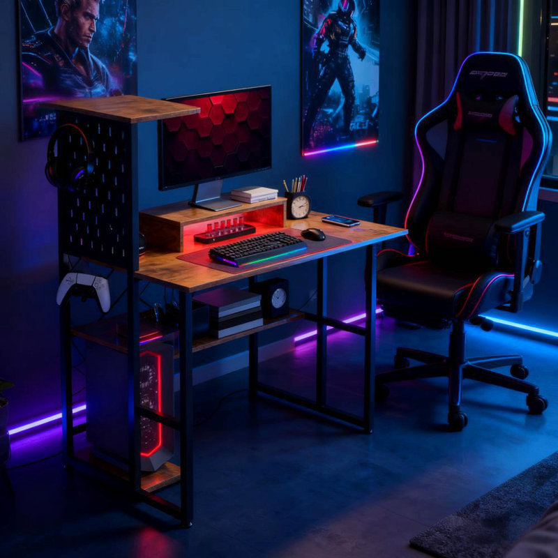 Bureau d'ordinateur, table d'ordinateur avec prises de courant et lumières à DEL, pour la maison et le bureau, Brun