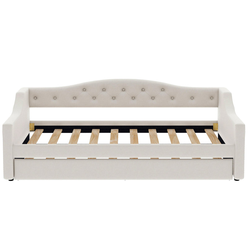 Upholstered Twin Xl Size Daybed With Led Belt And Trundle, Beige