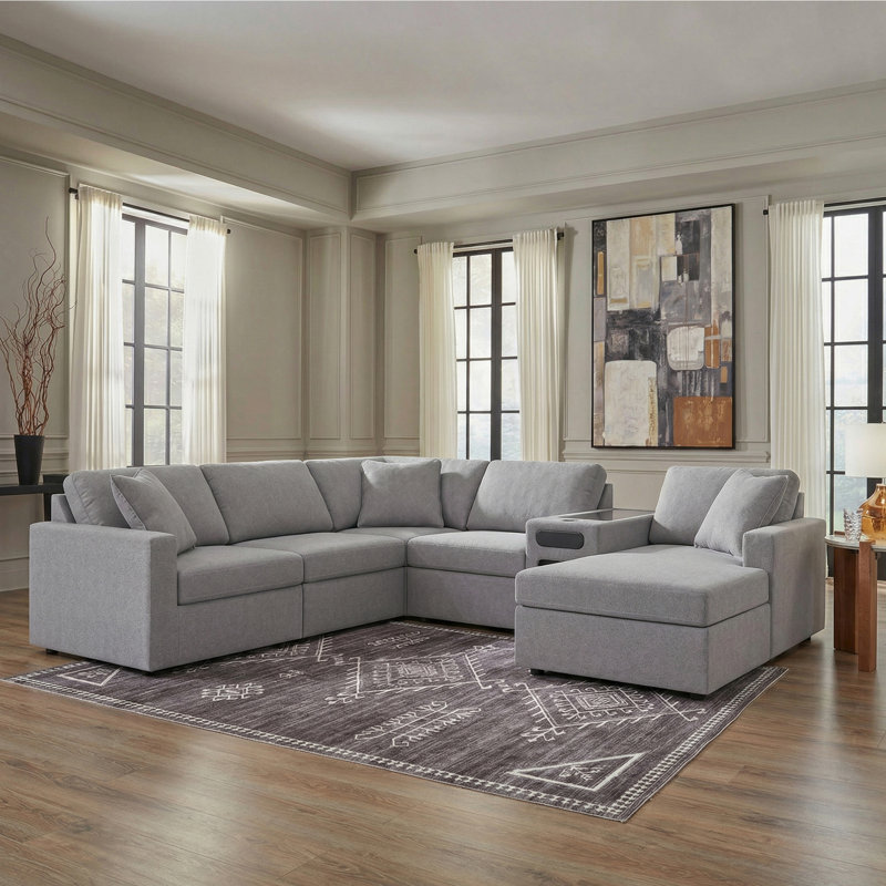 Canapé modulaire 6 pièces avec système audio et méridienne Braintree, Polyester gris