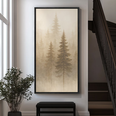Misty Evergreen Forest Layers - Large Framed Canvas Master Bedroom Wall Art Print