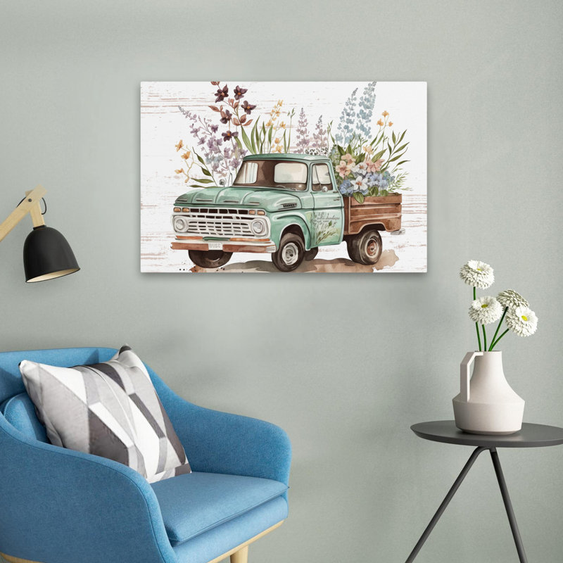Art rétro, camion de fleurs rétro II, H 16 po x l 24 po
