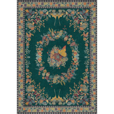 Washable Area Rug Green Butterfly Soft Accent Carpet Vintage Inspired Distressed Low Pile for Living Room Dining Room Bedroom Den