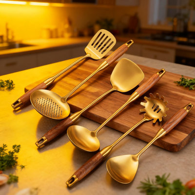 6-Piece Professional Kitchen Utensil Set With Wooden Handles, Stainless Steel Wok Spatula, Ladle, Skimmer, Slotted Turner, Spaghetti Spoon And Large Spoon For Cooking