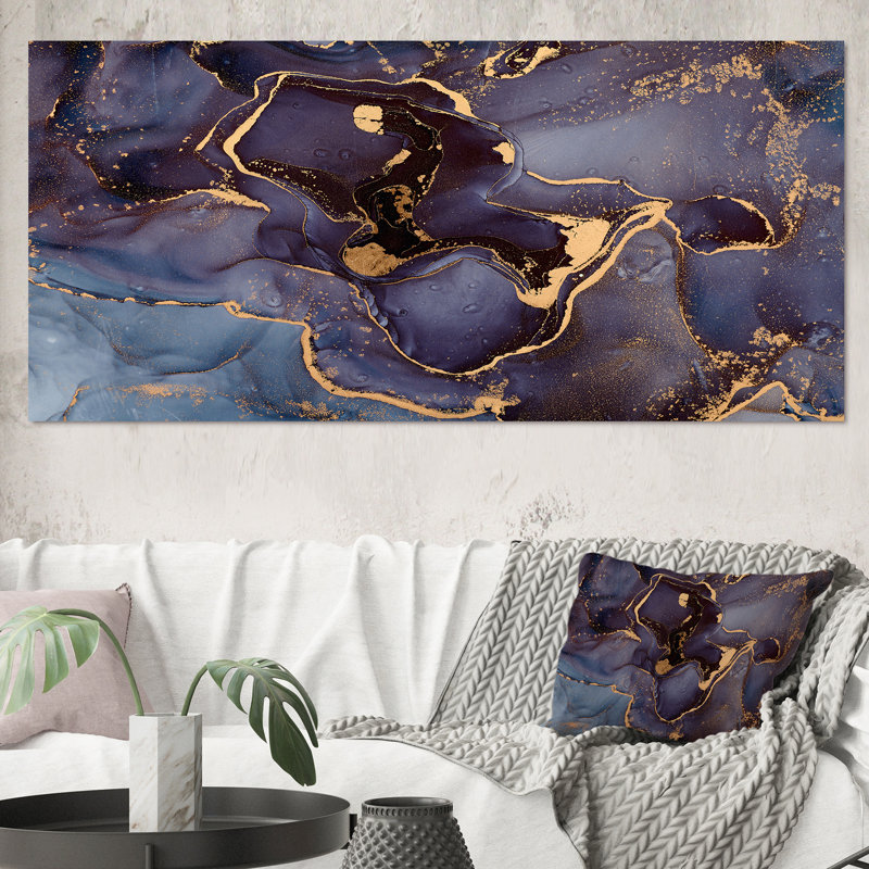 Mauve et or, abstrait fluide de luxe - peinture sur toile, H 28 po x l 60 po x P 1,5 po, Toile tendue