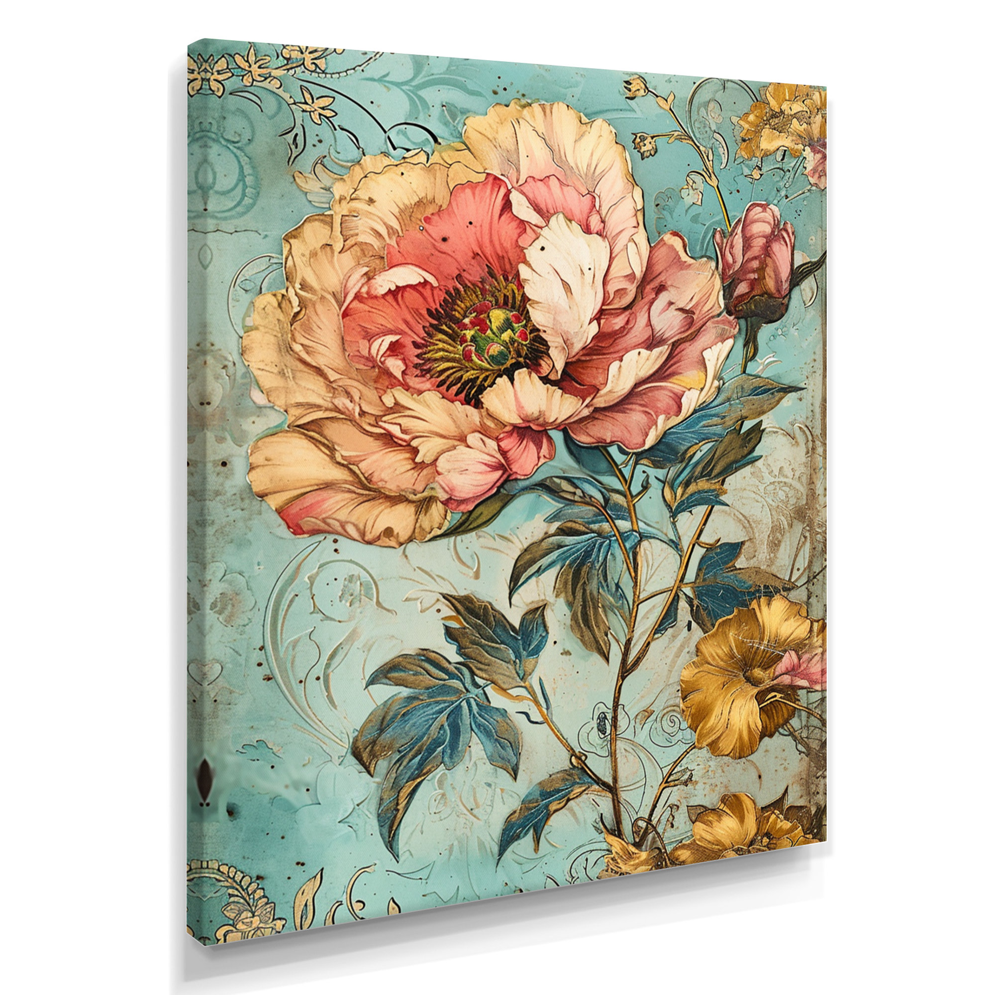 Charlton Home® Pink Peony Retro Blue Illustration - Peony Wall Art ...