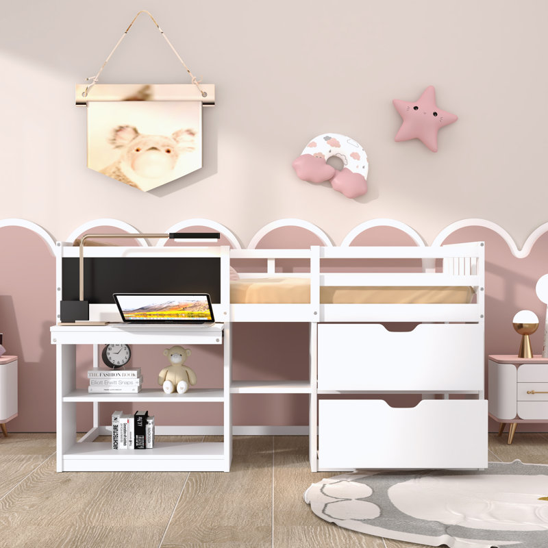 Lit mezzanine simple avec tiroirs Heldreth Kids, Blanc