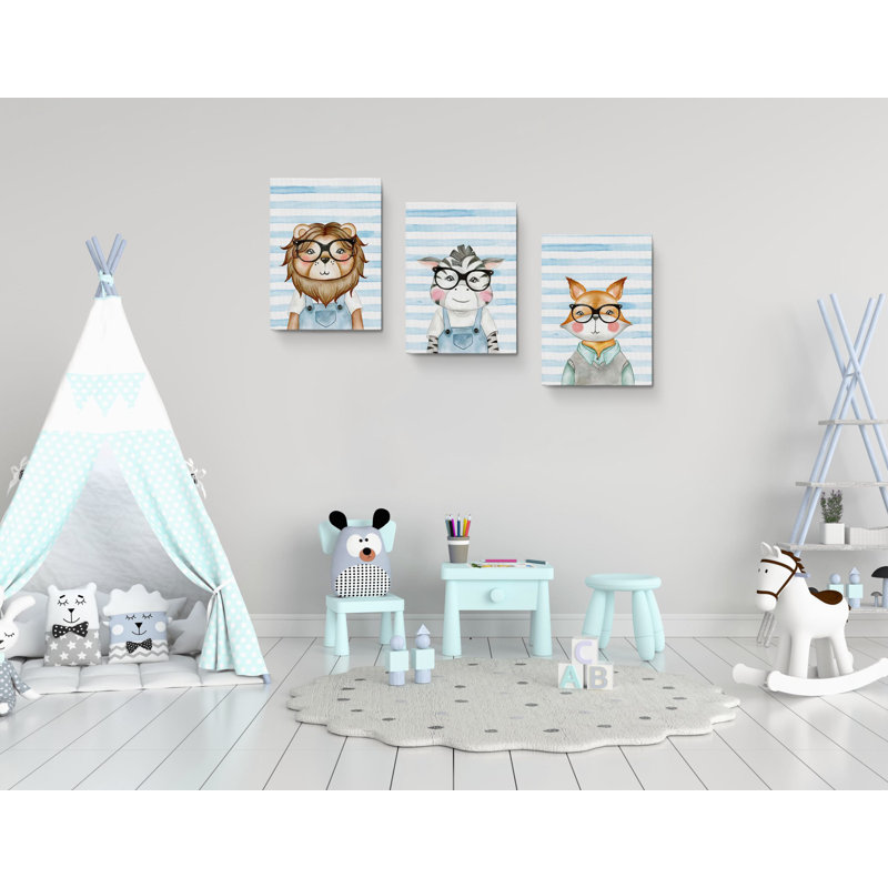 «Smart Lion Zebra Fox Animals», ensemble de 3 impressions sur toile tendue, H 30 po x l 60 po x P 1,5 po