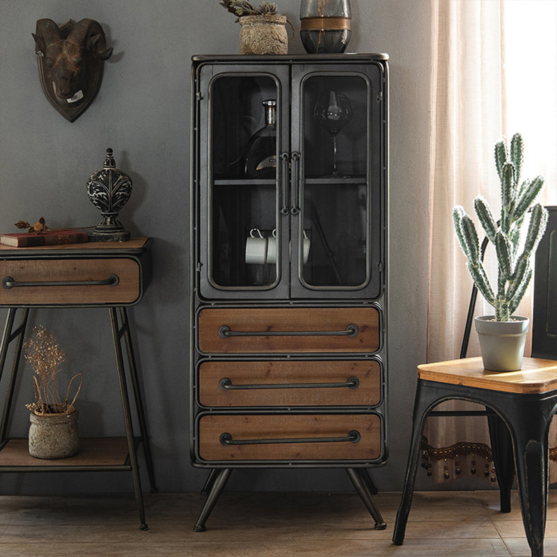 Black+Nut-brown Solid Wood+Iron+Glass Display Cases, Black/Nut Brown
