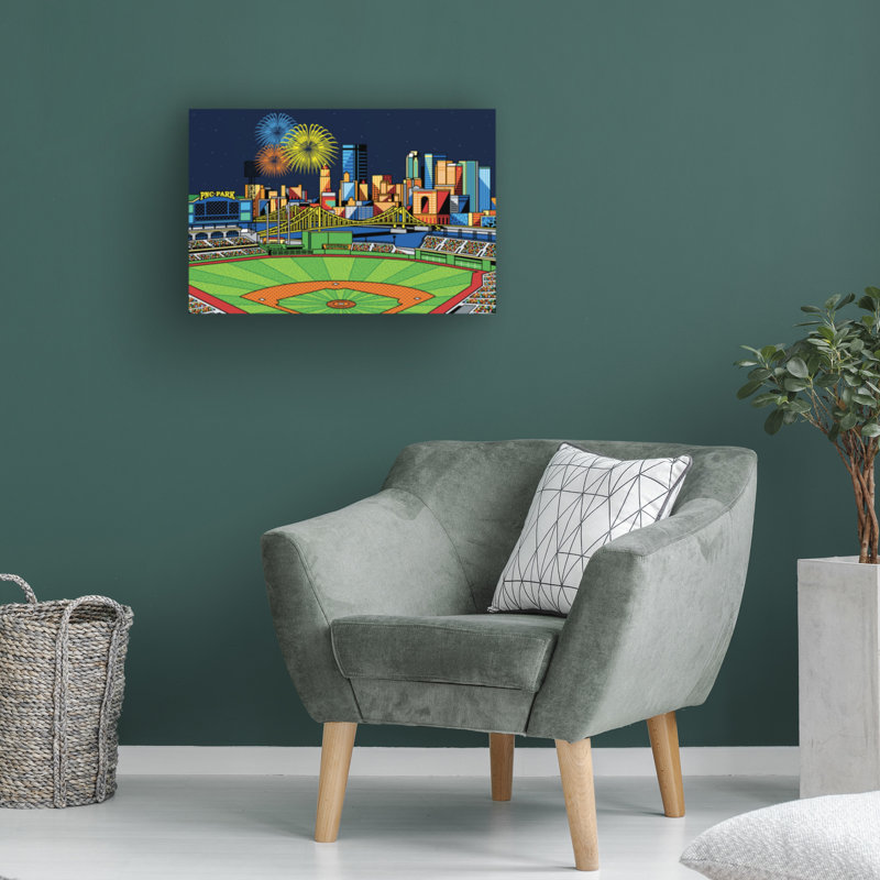 «Pnc Park Fireworks Pittsburgh» par Ron Magnes - peinture sur toile tendue, H 16 po x l 24 po x P 2 po
