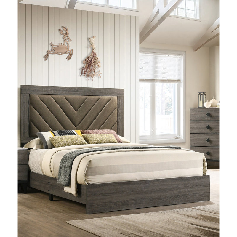 Cadre de lit grand moderne gris avec tête de lit tapissier et abat-jour brun, Gris