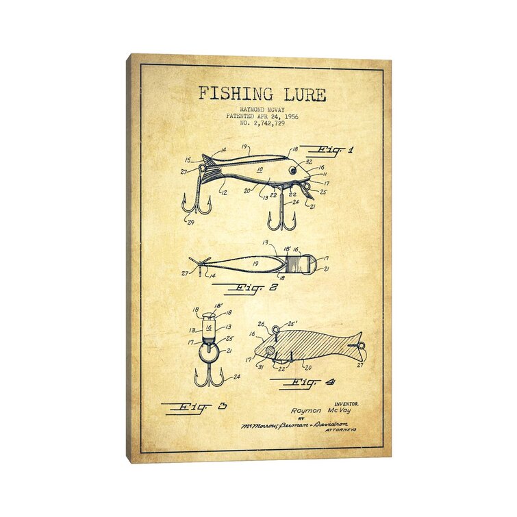 F.A. Cass Fishing Lure Patent Sketch by Aged Pixel - Wrapped Canvas Print East Urban Home Size: 26 H x 18 W x 1.5 D, Format: Black Framed Canvas, M