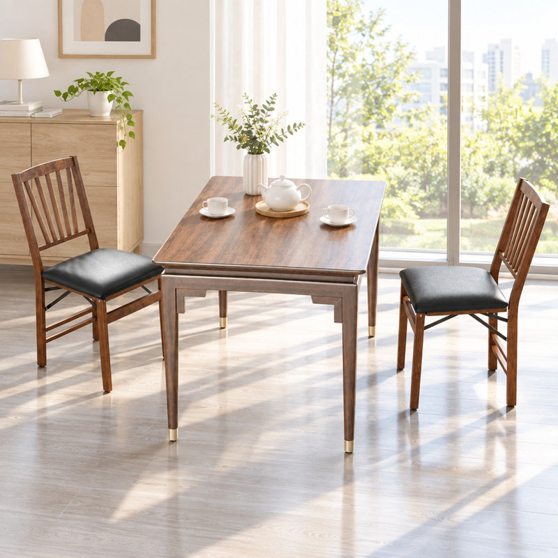 Ensemble de 2 chaises de salle à manger pliantes avec siège rembourré en similicuir, dossier à lattes, structure en bois d'hévéa massif et capacité de 400 lb, brun