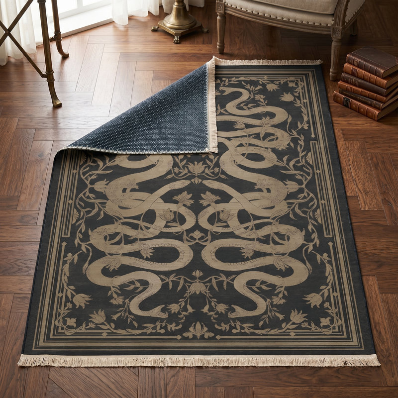 🐍 The Serpent's Glen Vintage Snake & Botanical Cotton Rug, Black/Gold (32" x 59")