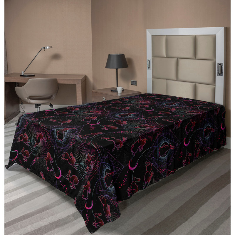 Ambesonne Psychedelic Flat Sheet Trippy Astro Rabbits Dark Pink Petrol Blue, Twin Extra Long Flat Sheet
