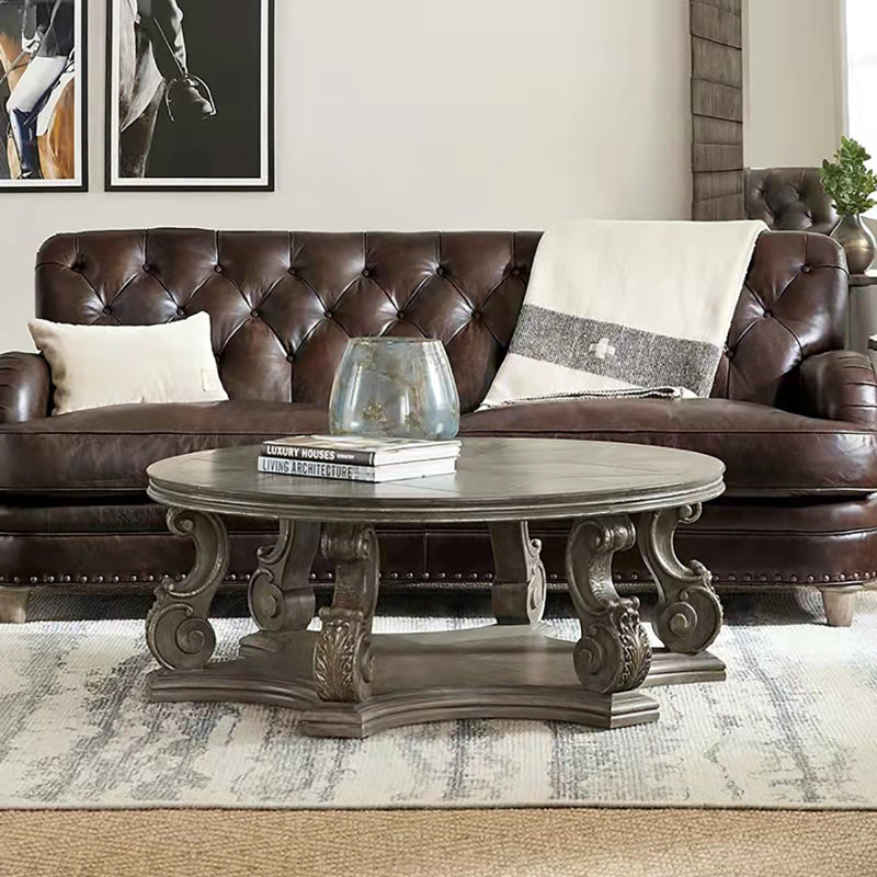 Table basse ronde à double couche sculptée, H 18,1 po x L 43,3 po x l 43,3 po