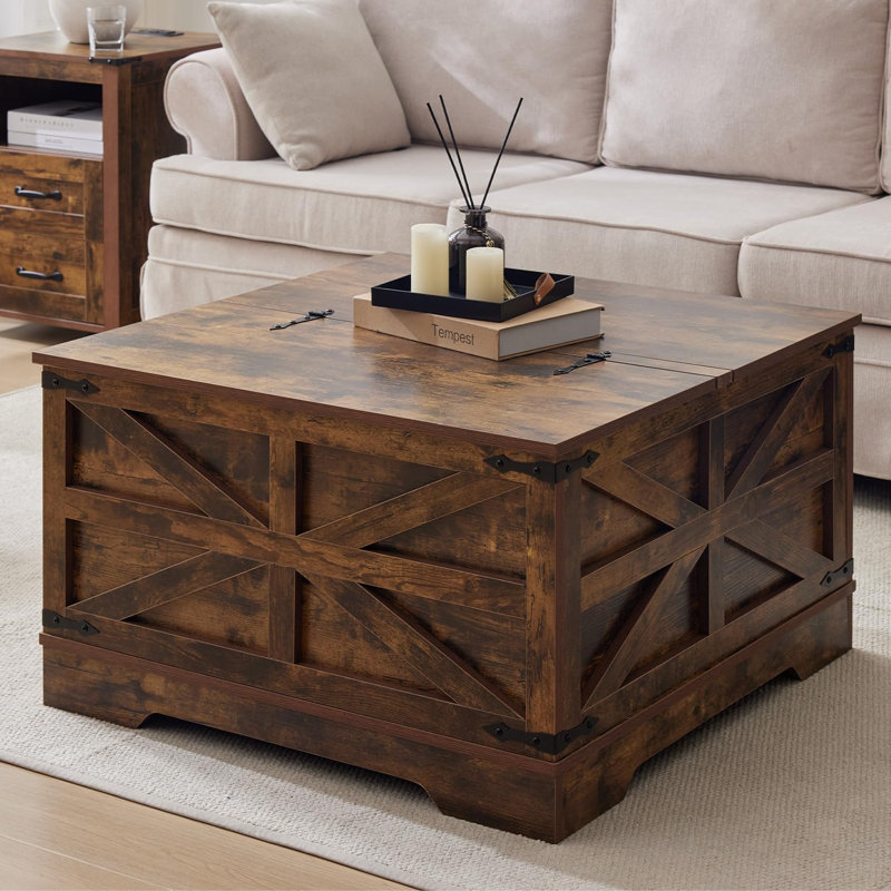 Coffee Table with Storage, Farmhouse Square Storage Coffee Table with Hinged Lift Top, Square Wood Center Table, Cocktail Table with Large Hidden Storage Compartment for Living Room