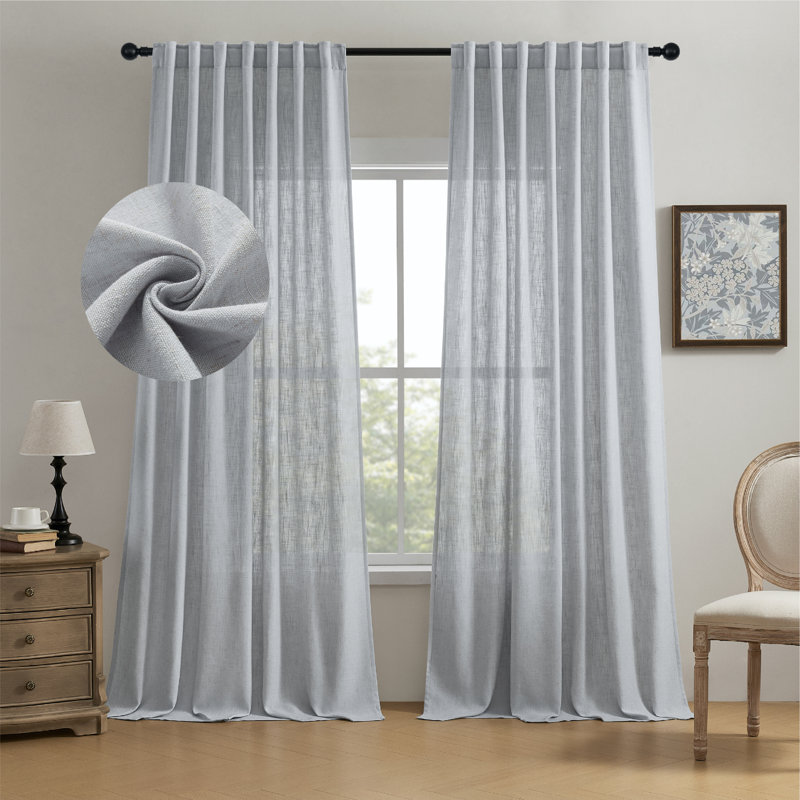 Draycott Linen Blend Semi-Sheer Curtain Pair, Grayish White, 42" W x 63" L