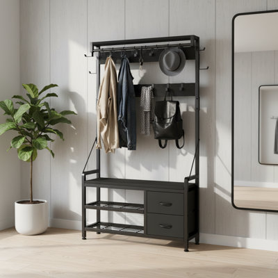 Wide Hallway Coat Rack With Bench And Shoe Rack, Black, 24 Hooks, 2 Drawers, Hanging Rod & Top Shelf