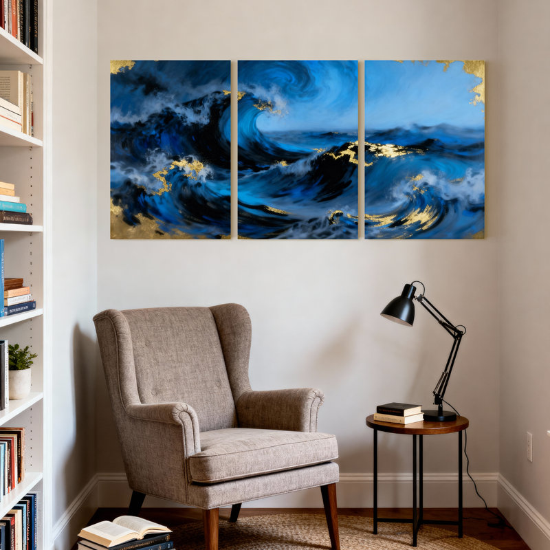 Vagues bleues avec décorations dorées, ensemble de 3 impressions sur toile, H 24 po x l 48 po