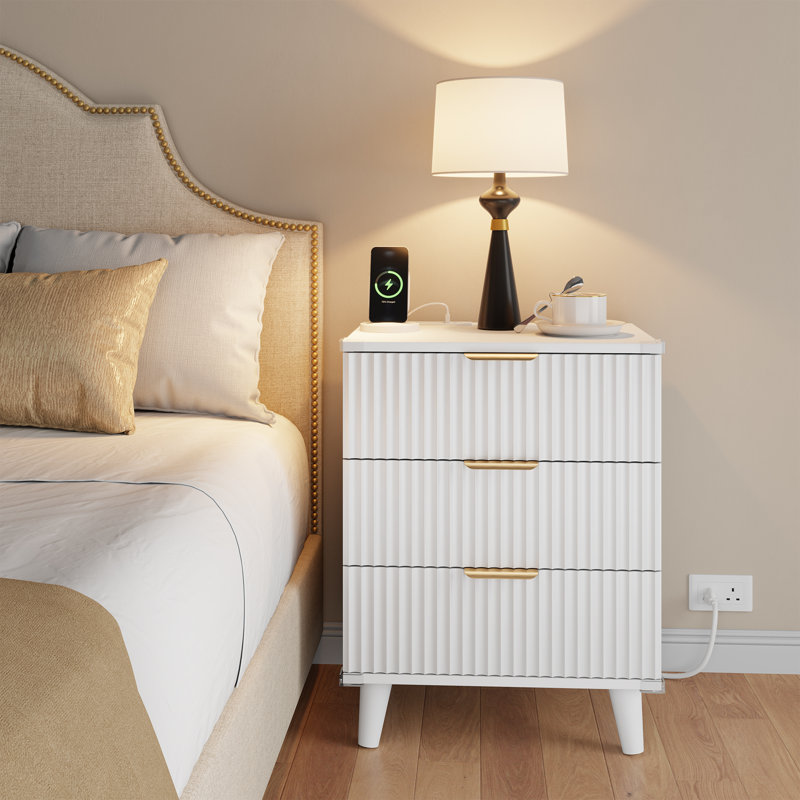  Table de chevet 1 pièce cannelée avec 3 tiroirs, table de chevet blanche avec station de charge, table de bout de chevet, table d'appoint pour la chambre à coucher, petite commode pour les petits espaces