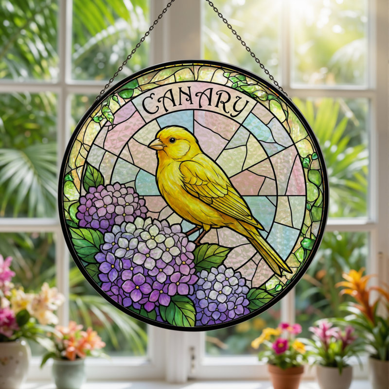 7.8"H Canary Flowers Stained Glass Window Panel, 7.8" H x 7.8" W