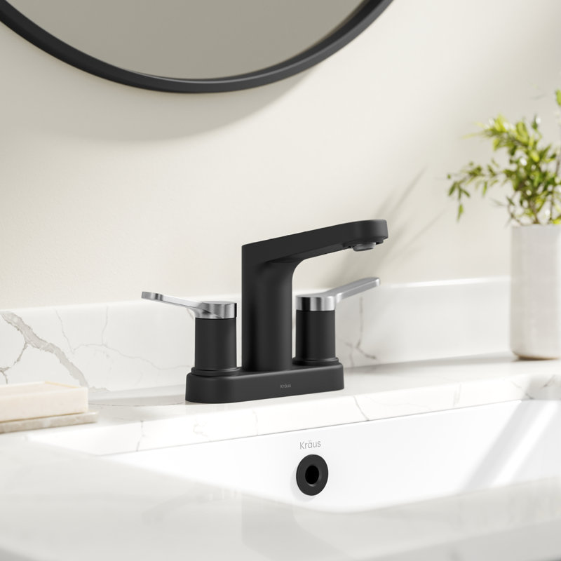 Robinet de salle de bain central KRAUS Indy avec 2 poignées, bonde escamotable et conduites d'alimentation