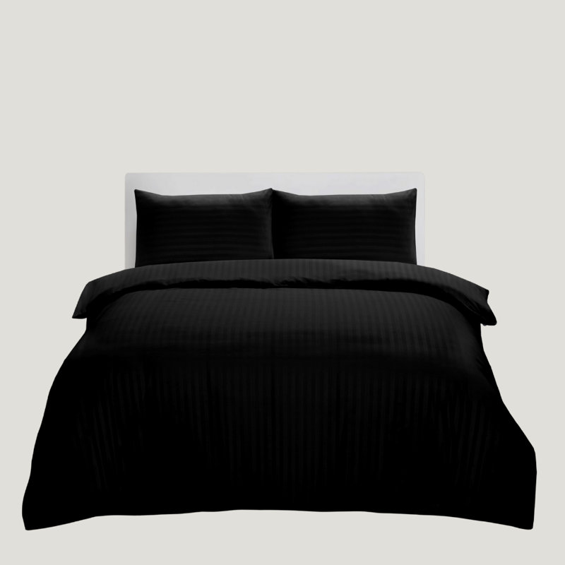 luxury Microfiber Satin Stripe Duvet cover set with 2 pillow cases , King Duvet Cover + 2 Standard Pillowcases, Black