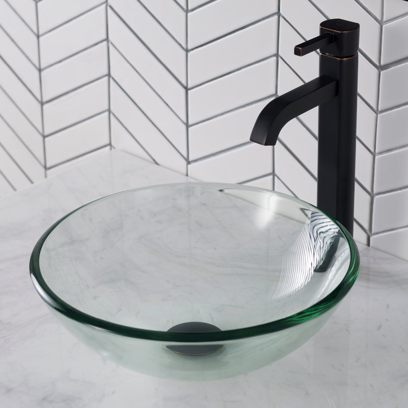 Lavabo de salle de bain vasque circulaire en verre transparent avec robinet, Bronze huilé
