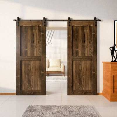 H Design Color Pine Wood Unassembled Door with Black Rustic Two Door Installation Hardware Kit