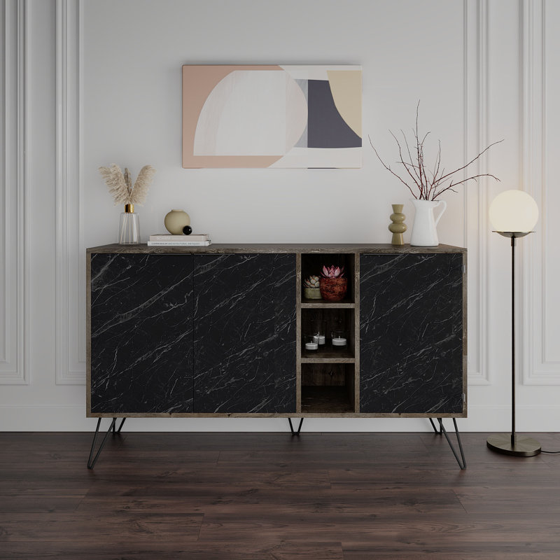 Jaycee 142 Cm Wide Sideboard | Stylish Storage Cabinet with Metal Hairpin Legs, Dark Coffee/Bendir