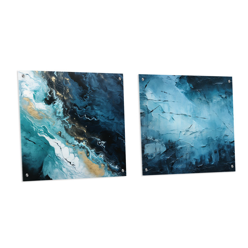 Blanc et bleu abstrait élément Fight - formes abstraites acrylique ensemble d'art en verre ensemble de 2, H 16 po x l 33 po
