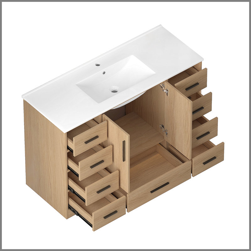 Meuble-lavabo 48 po en chêne clair. Armoire de rangement abondante - 2 portes à fermeture douce et 9 tiroirs