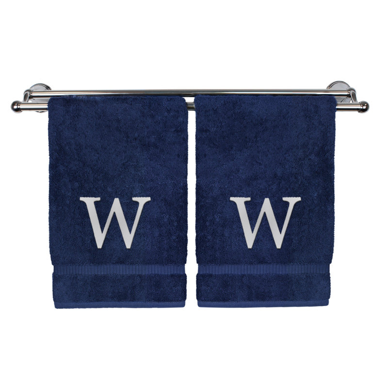 Essuie-mains monogrammés - ensemble de 2 - lettre bloc, Bleu marine/blanc, W