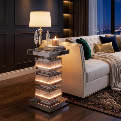 Modern Mirrored End Table with LED Light, Crushed Diamond Side Table with 24" High Square Base for Living Room, Bedroom and Office, Sliver