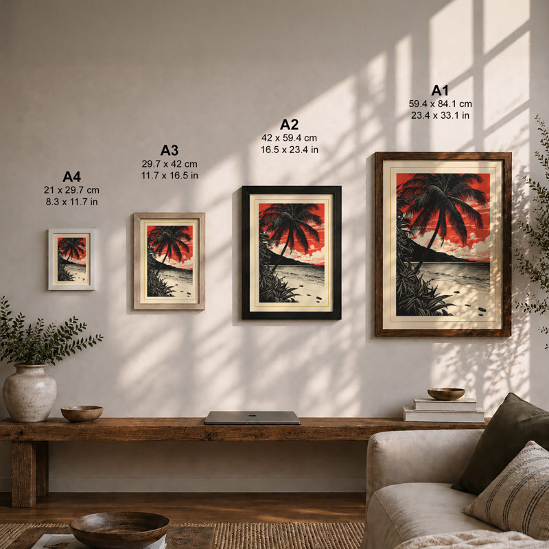 Tropical Sunset Coastal - Framed Print, A3 - 42.0 x 29.7 cm, Oak