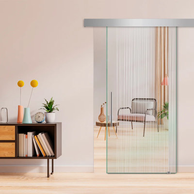 Porte de grange coulissante en verre sans cadre avec design moderne givré + ensemble de quincaillerie (semi-privée)