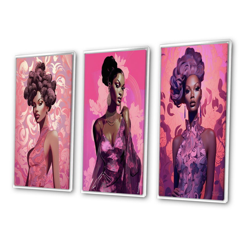 Ensemble d'imprimés 3 pièces - modèle rétro glamour en rose magenta III, H 40 po x l 60 po, Cadre flottant blanc