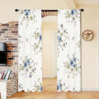2Pcs White Floral Curtains, Cottagecore Style, Rod Pocket Window Drapes, Boho Farmhouse Window Decor For Living Room Bedroom Study