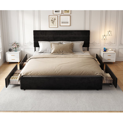 Candler Modern Bed With 4 Storage Drawers And Headboard, Velvet Upholstered Platform Bed, Sturdy Metal & Wooden Slats Support, No Box Spring Needed, Easy Assembly
