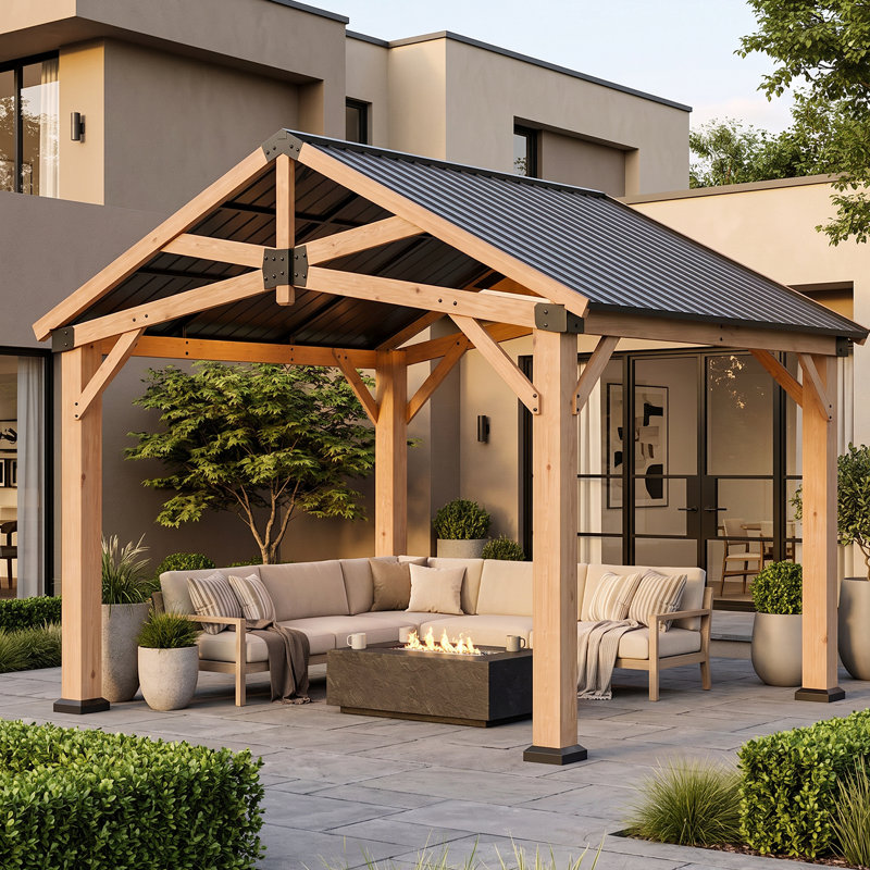 Pavillon de jardin permanent en bois de cèdre avec toit à pignon en acier galvanisé 10 pi x 12 pi pour terrasse, jardin, terrasse
