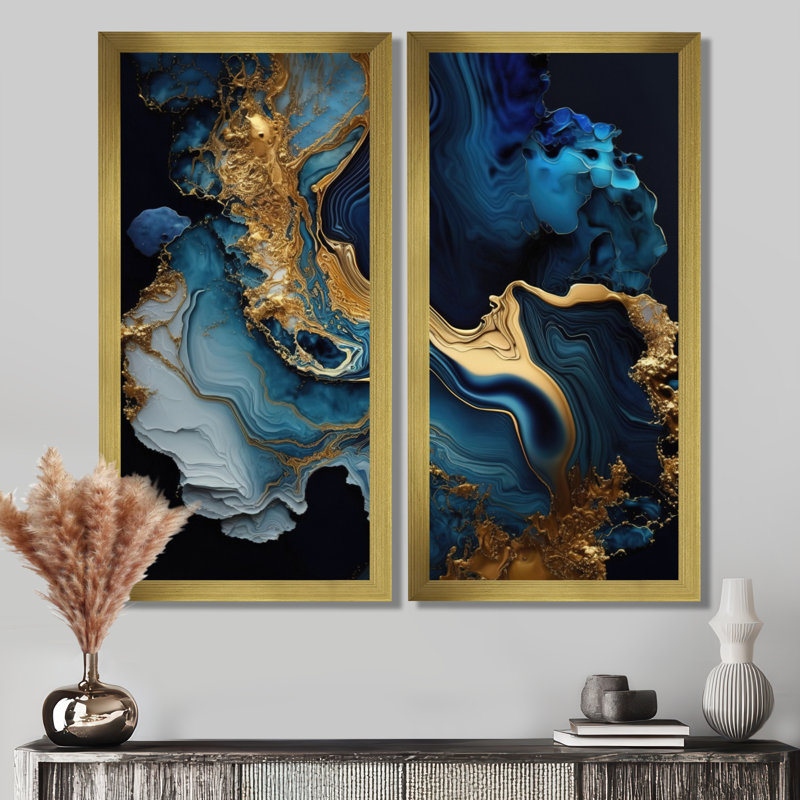«Abstract Geode Marble Blue», art mural abstrait sur toile bleue abstraite, 2 pièces, H 40 po x l 40 po, Doré