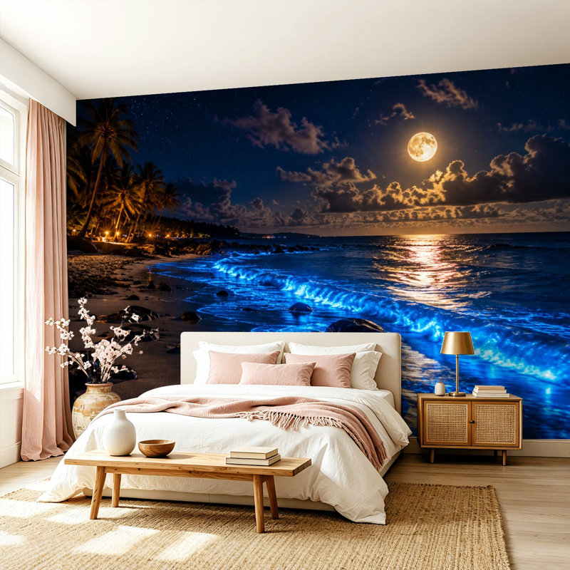 Papier peint adhésif pelez et collez Vagues de plage sous la pleine lune, palmiers tropicaux, ciel étoilé, art mural auto-adhésif et amovible
